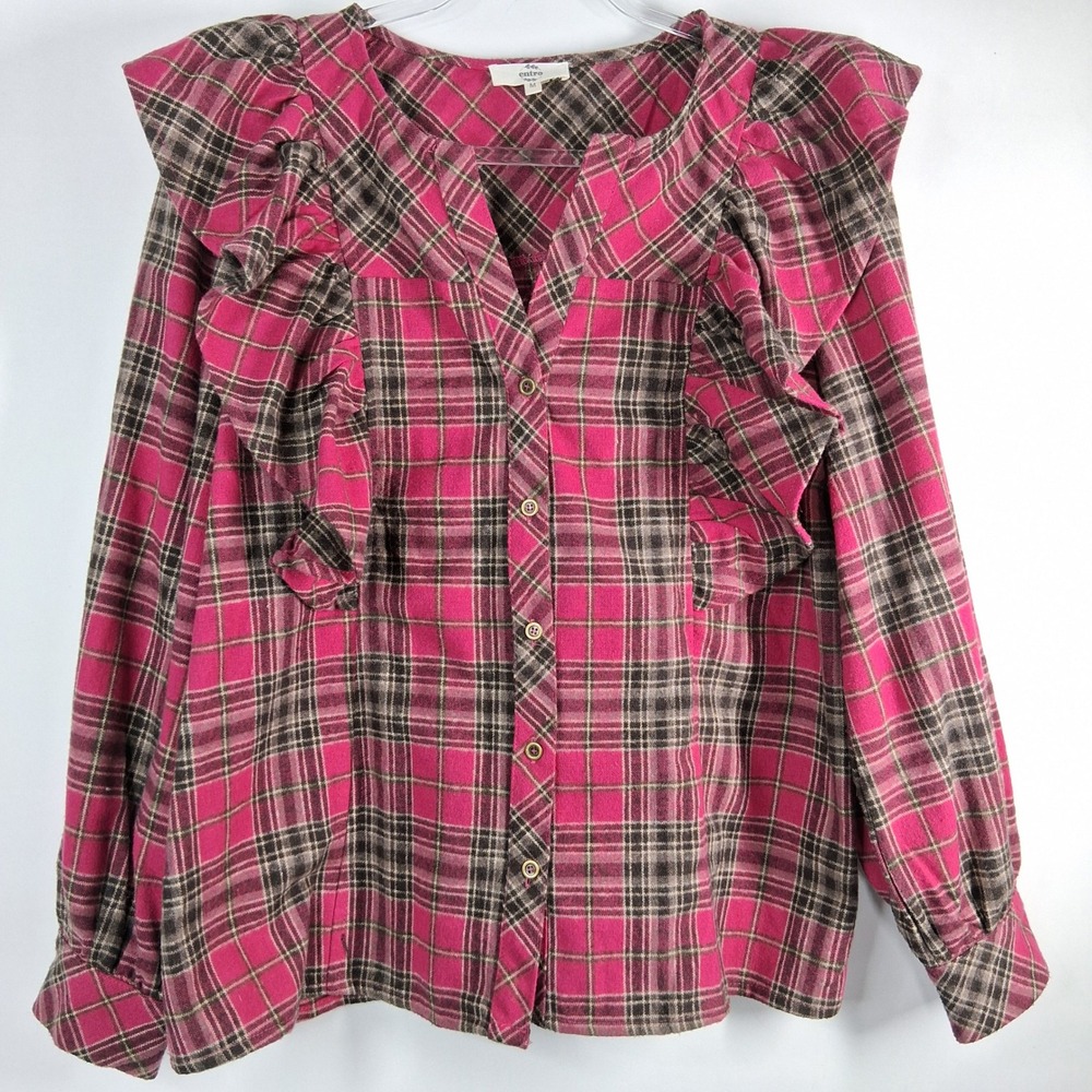Entro Pink Plaid Ruffle Wool Blend Button Up Blouse Women's Medium Thick